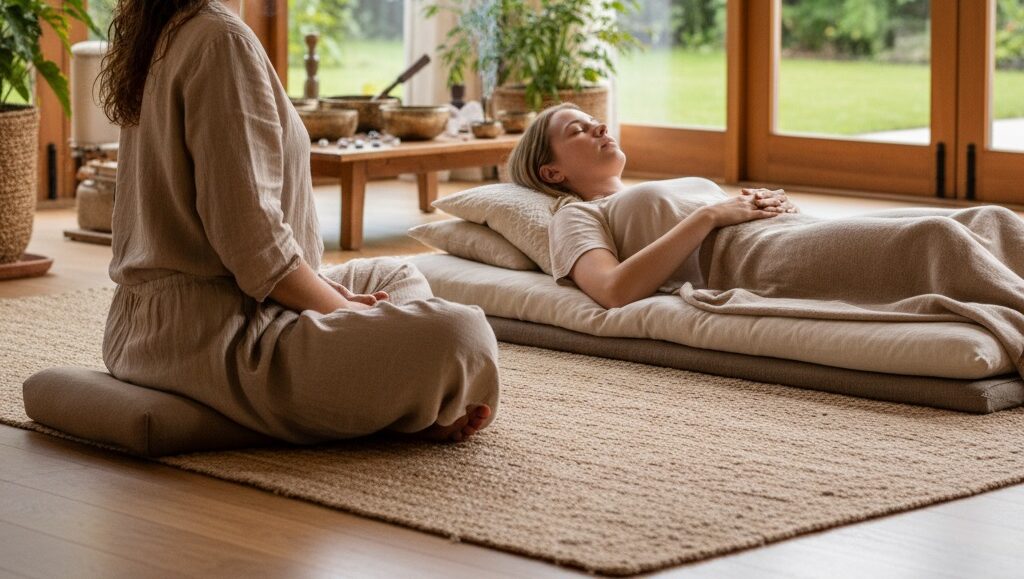 Een vrouw zit in kleermakerszit op een meditatiekussen terwijl een andere vrouw op een mat op de grond ligt in een lichte ruimte met grote ramen.