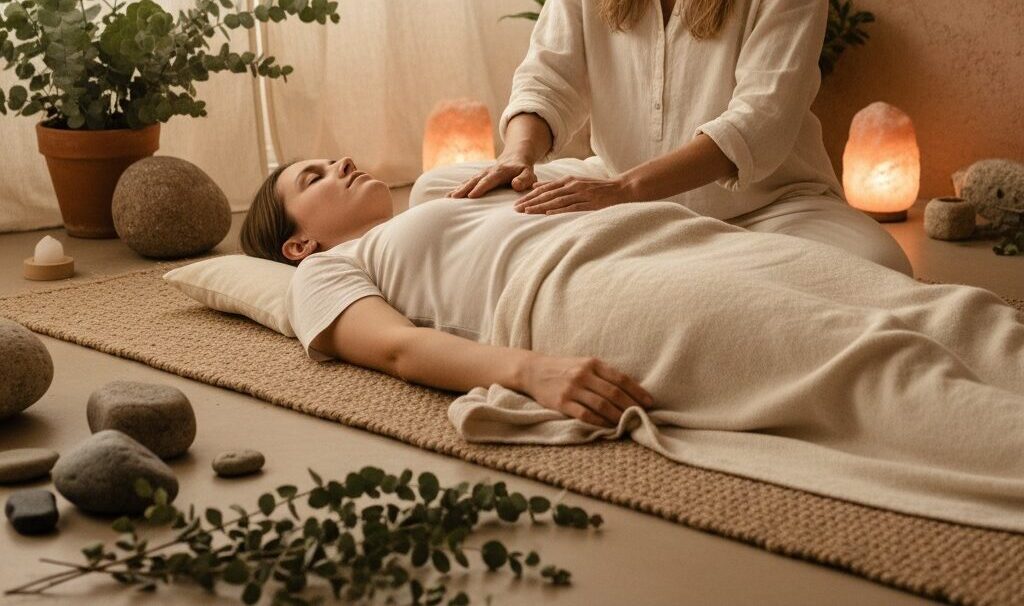 Een behandelaar legt haar handen op de borst van een ontspannen vrouw die op een mat ligt tijdens een reiki-sessie.